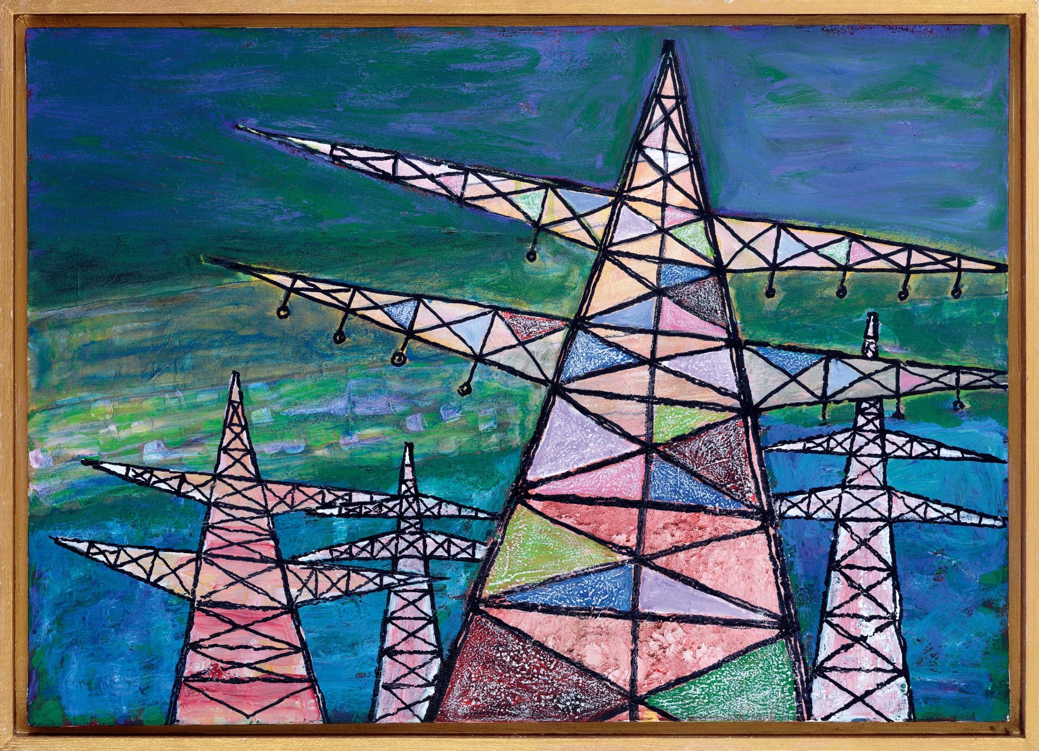 Strommasten mit farbigen geometrischen Flächen vor blau-grünem Hintergrund