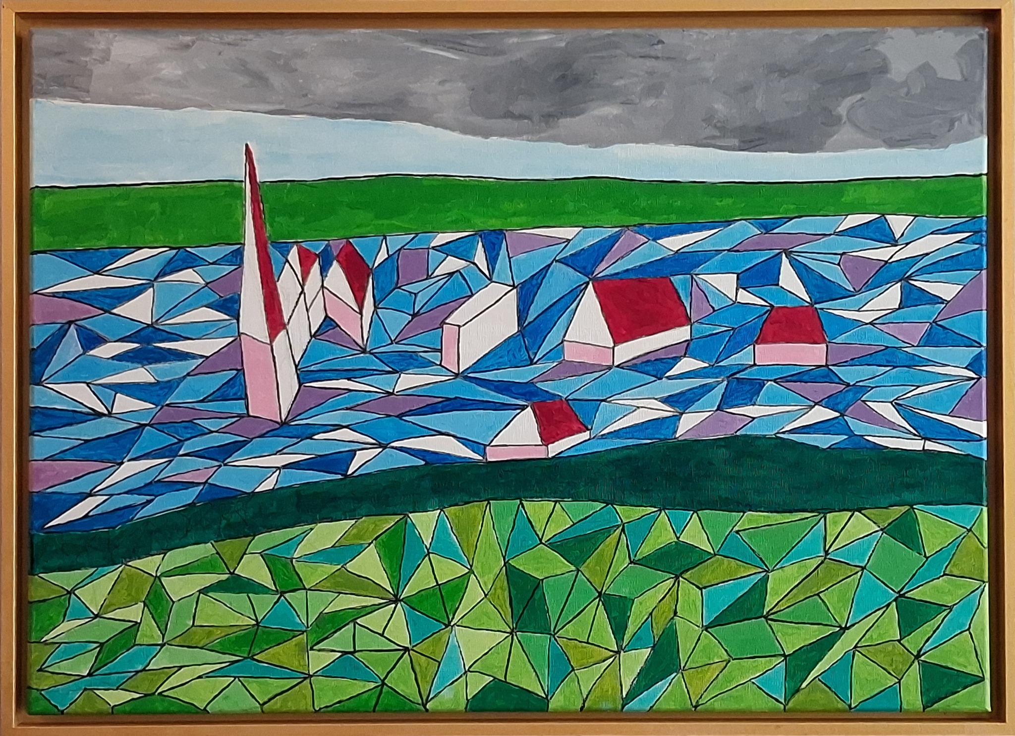 Häuser und Kirchturm in einer geometrisch gestalteten überfluteten Landschaft