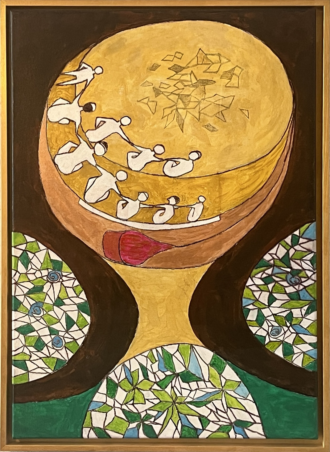 Das Höhlengleichnis von Platon als figurative Komposition in Gold-, Braun- und Grüntönen