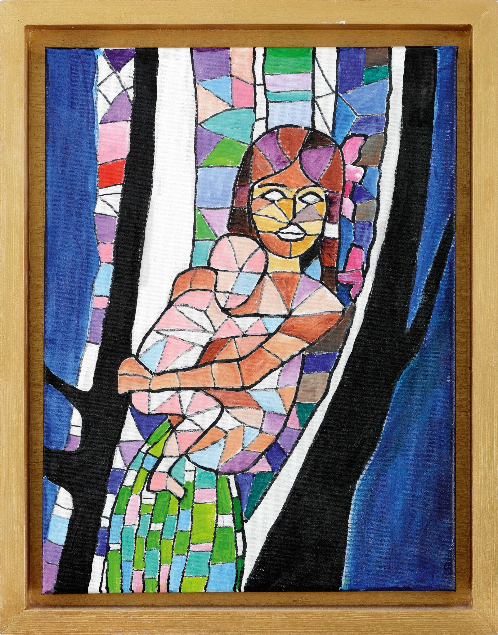 Indische Madonna mit Kind in farbigen geometrischen Flächen