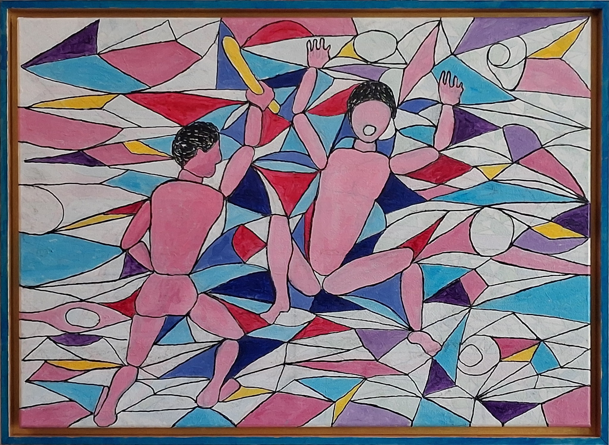 Kain und Abel als bewegte Figuren in einem abstrakten Farbfeld