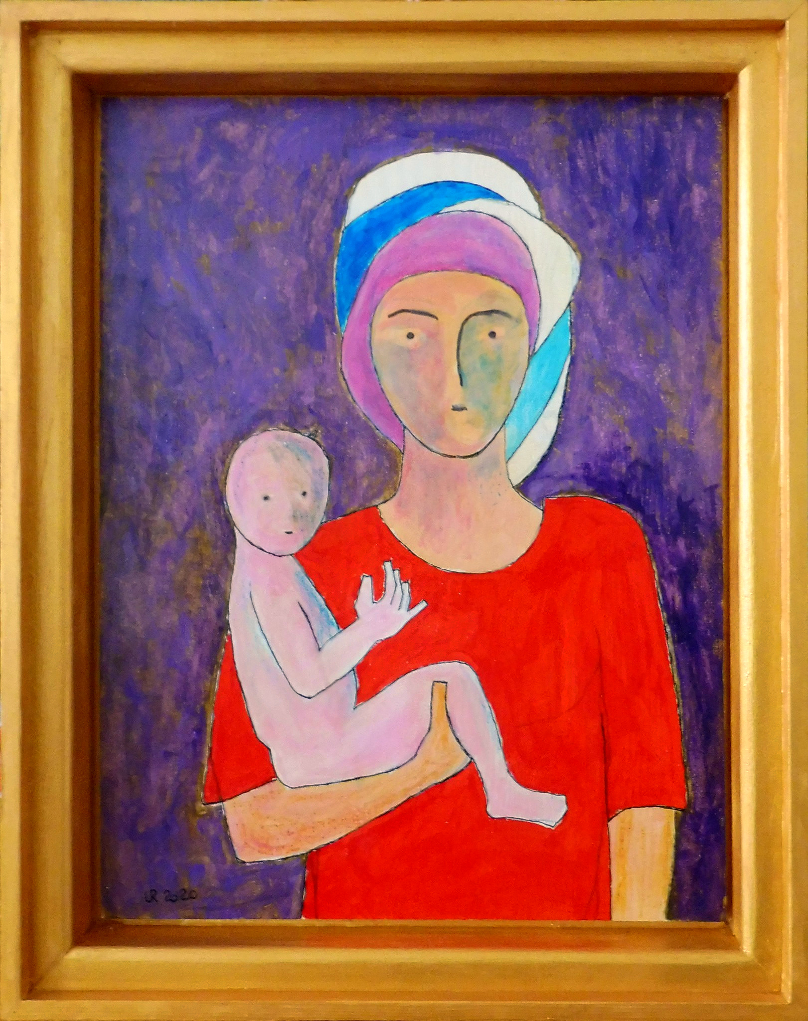 Maria mit dem Kinde vor violettem Hintergrund