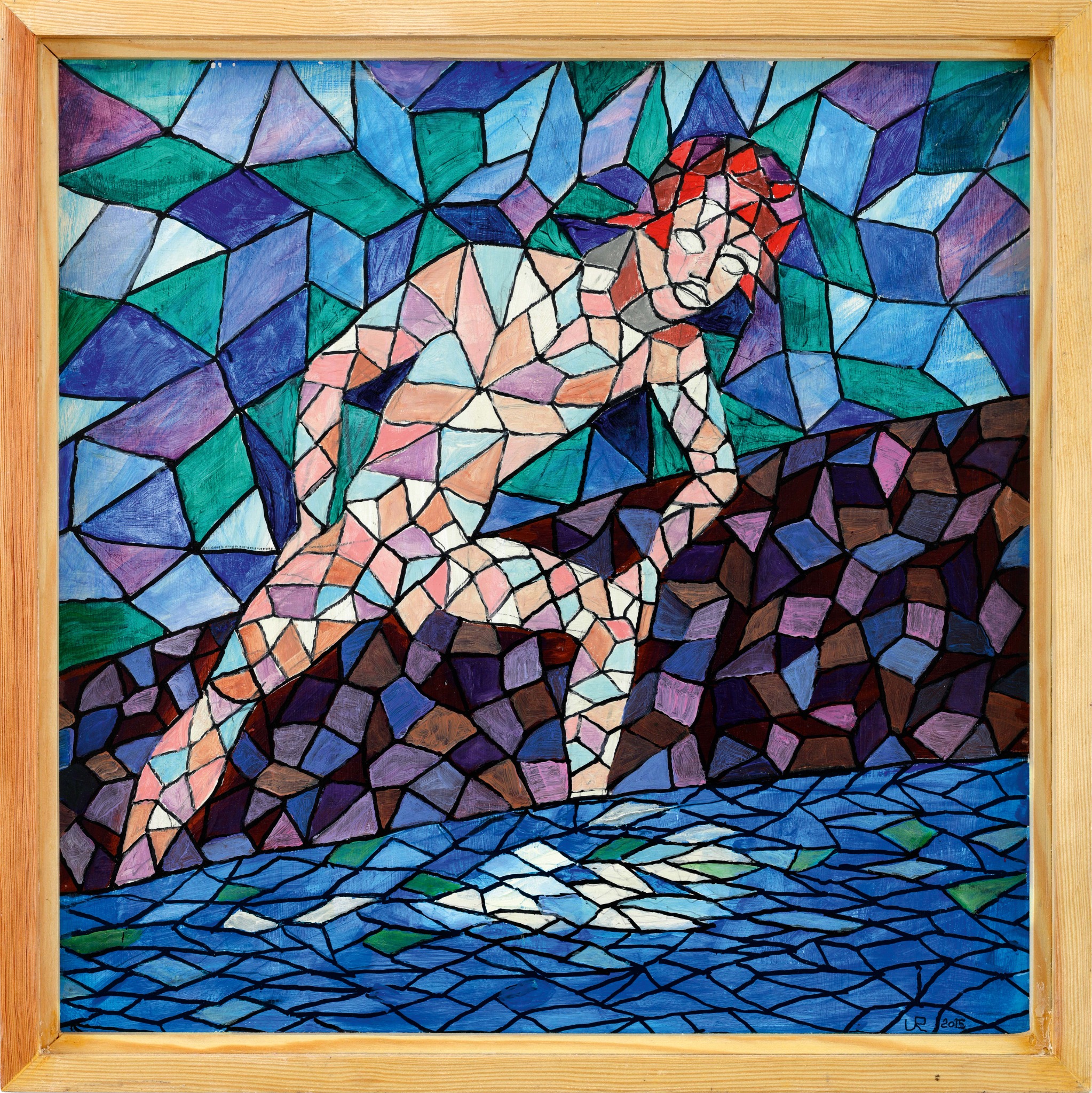 Narzissos als fragmentierte Figur über blauem Wasser