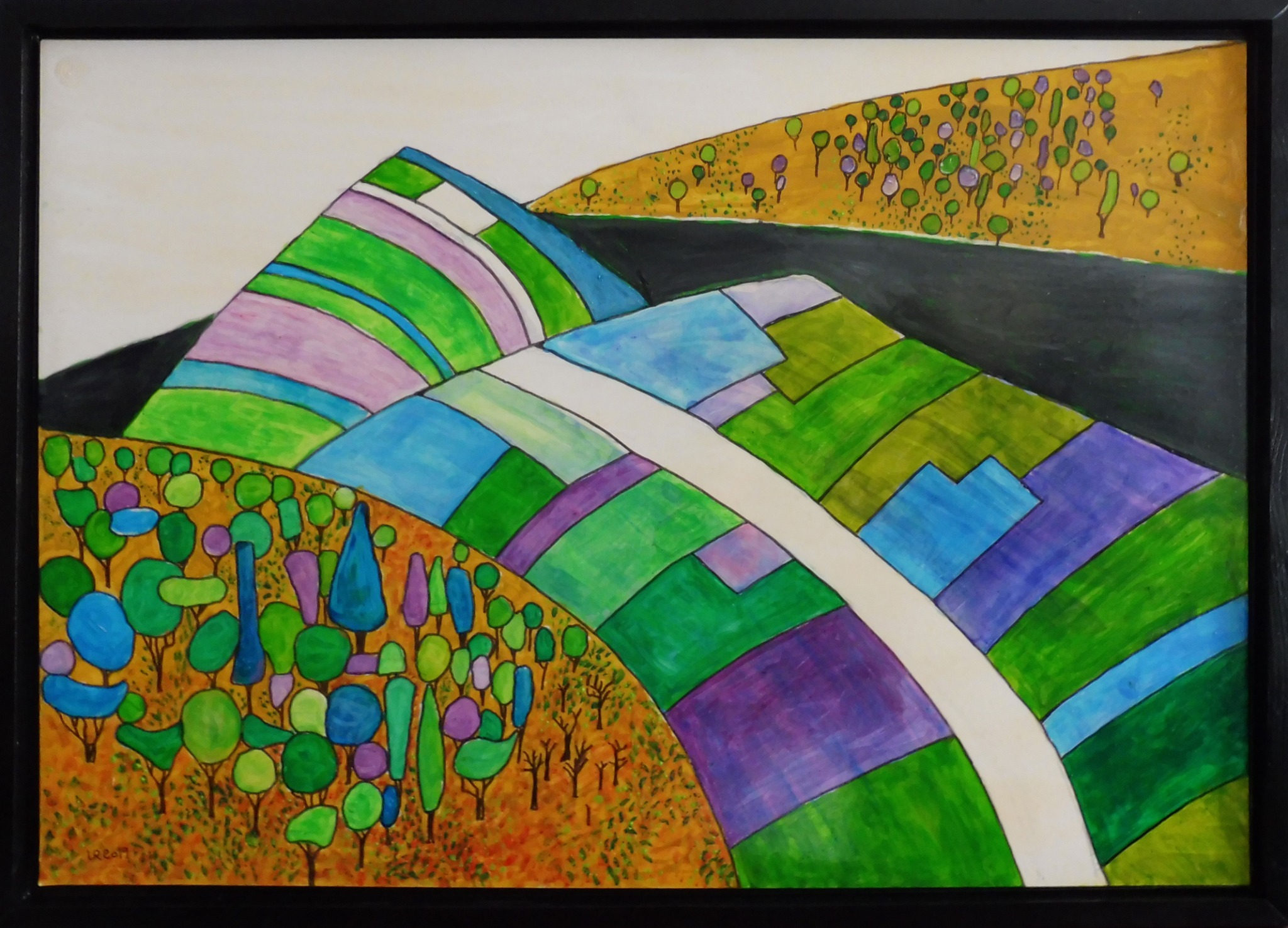 Landschaft mit farbigen Feldern und Bäumen