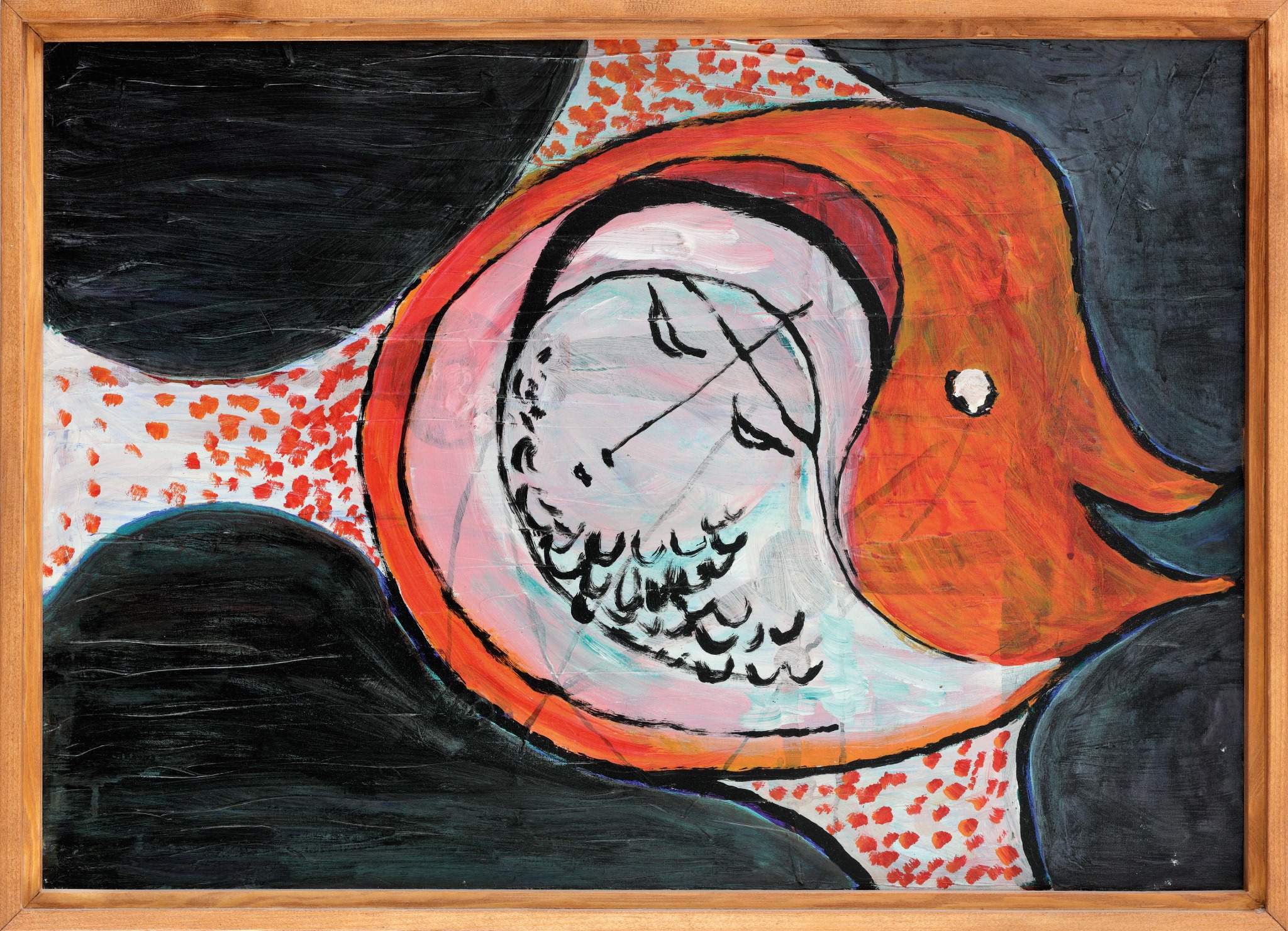 Der Prophet Jonas im Bauch eines orangefarbenen Fisches